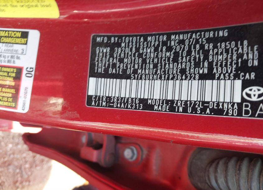 Photo 9 of 2015 Toyota Corolla LE (VIN 5YFBURHEXFP364328)