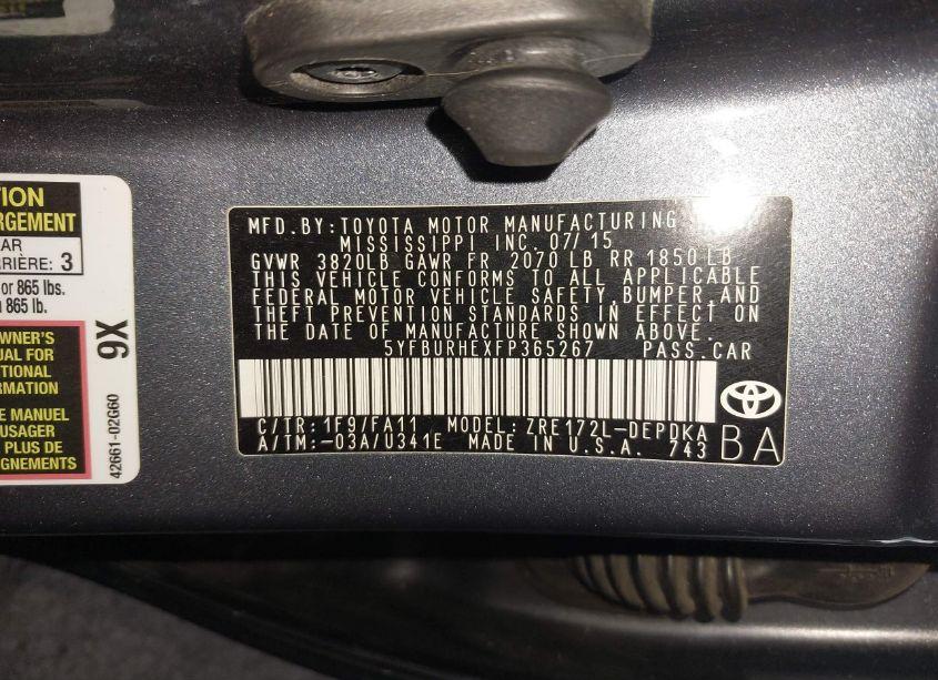 Photo 9 of 2015 Toyota Corolla L (VIN 5YFBURHEXFP365267)