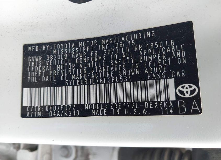 Photo 9 of 2016 Toyota Corolla S PLUS (VIN 5YFBURHEXGP366534)