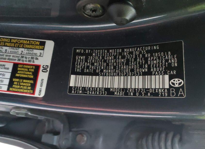 Photo 9 of 2016 Toyota Corolla LE (VIN 5YFBURHEXGP387531)