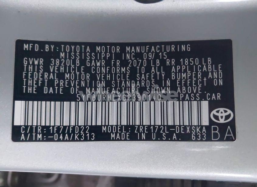 Photo 9 of 2016 Toyota Corolla S PLUS (VIN 5YFBURHEXGP390140)