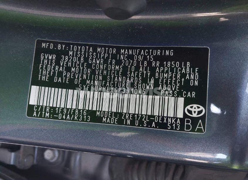 Photo 9 of 2016 Toyota Corolla LE (VIN 5YFBURHEXGP391045)