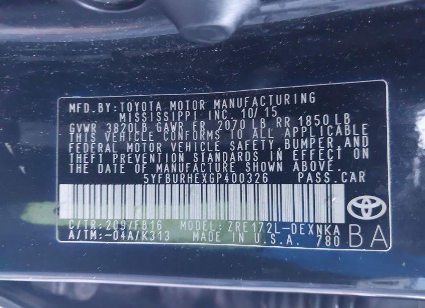 Photo 9 of 2016 Toyota Corolla LE (VIN 5YFBURHEXGP400326)