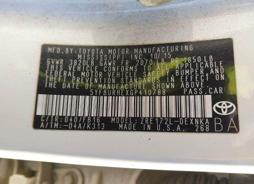 Photo 9 of 2016 Toyota Corolla LE (VIN 5YFBURHEXGP410788)