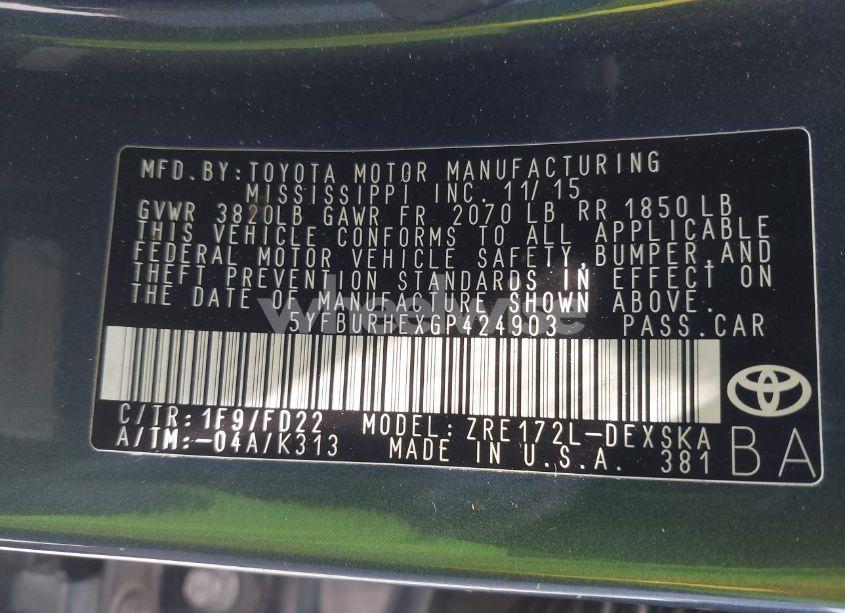 Photo 9 of 2016 Toyota Corolla S PLUS (VIN 5YFBURHEXGP424903)