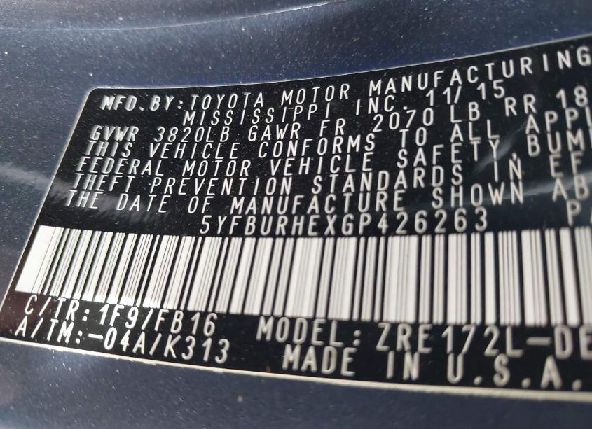 Photo 9 of 2016 Toyota Corolla LE (VIN 5YFBURHEXGP426263)