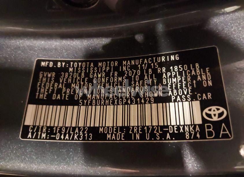 Photo 9 of 2016 Toyota Corolla LE PREMIUM (VIN 5YFBURHEXGP431429)