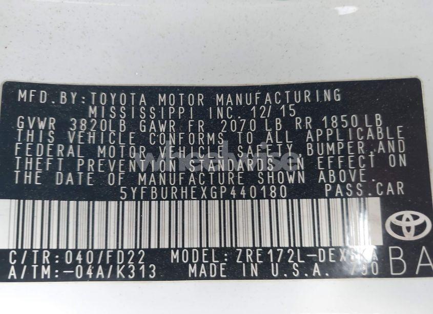 Photo 9 of 2016 Toyota Corolla S PLUS (VIN 5YFBURHEXGP440180)