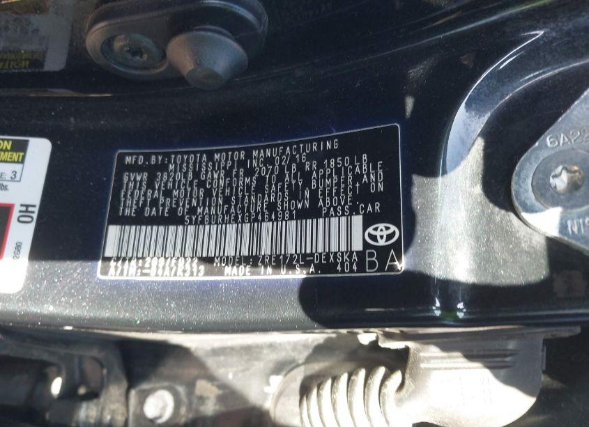 Photo 9 of 2016 Toyota Corolla S PLUS (VIN 5YFBURHEXGP464981)