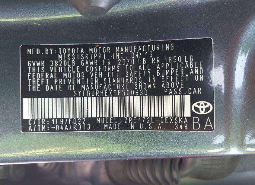 Photo 9 of 2016 Toyota Corolla S PLUS (VIN 5YFBURHEXGP500930)