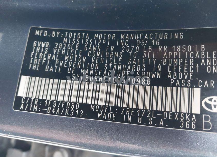 Photo 9 of 2016 Toyota Corolla S PLUS (VIN 5YFBURHEXGP510986)