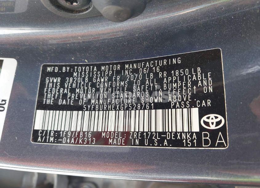 Photo 9 of 2016 Toyota Corolla LE (VIN 5YFBURHEXGP528761)