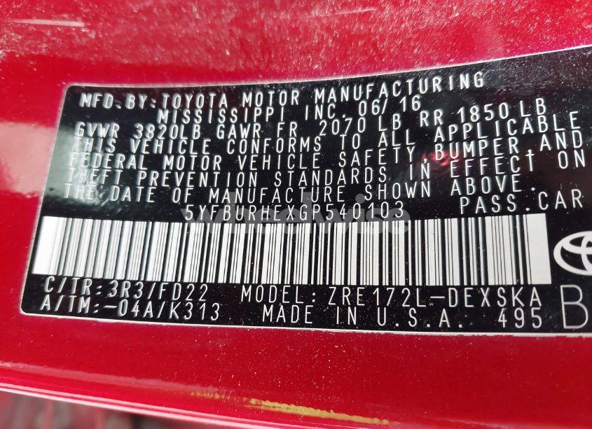 Photo 9 of 2016 Toyota Corolla S (VIN 5YFBURHEXGP540103)