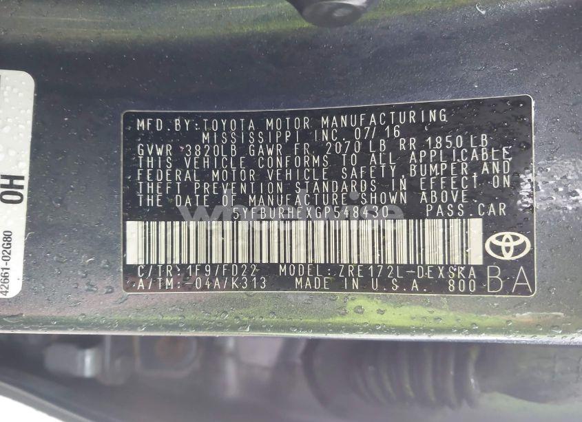 Photo 9 of 2016 Toyota Corolla S PLUS (VIN 5YFBURHEXGP548430)