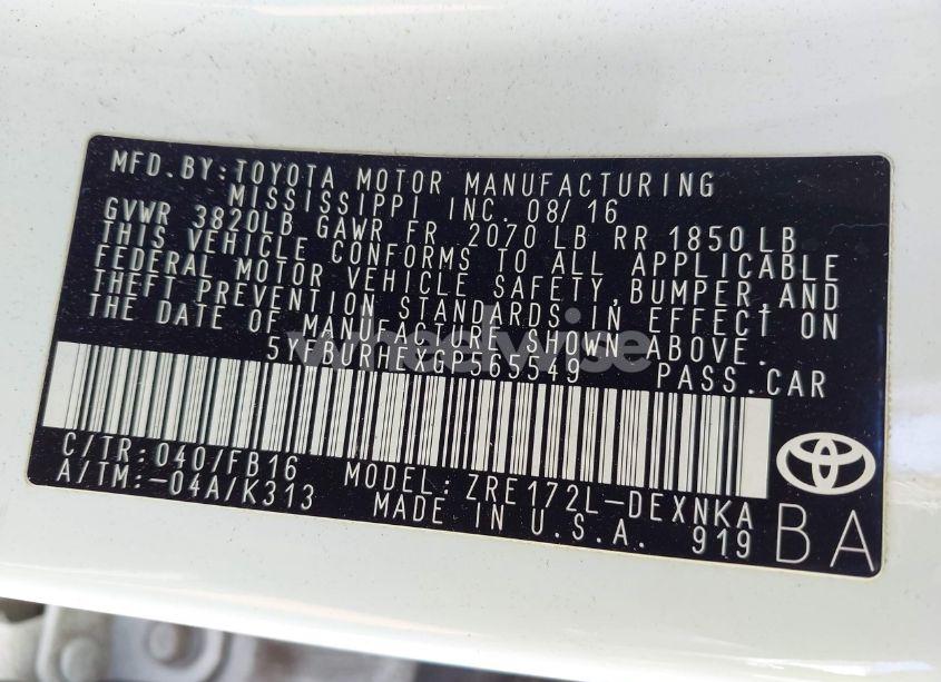 Photo 9 of 2016 Toyota Corolla LE (VIN 5YFBURHEXGP565549)