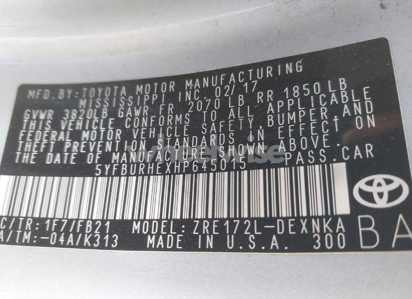 Photo 9 of 2017 Toyota Corolla LE (VIN 5YFBURHEXHP645015)