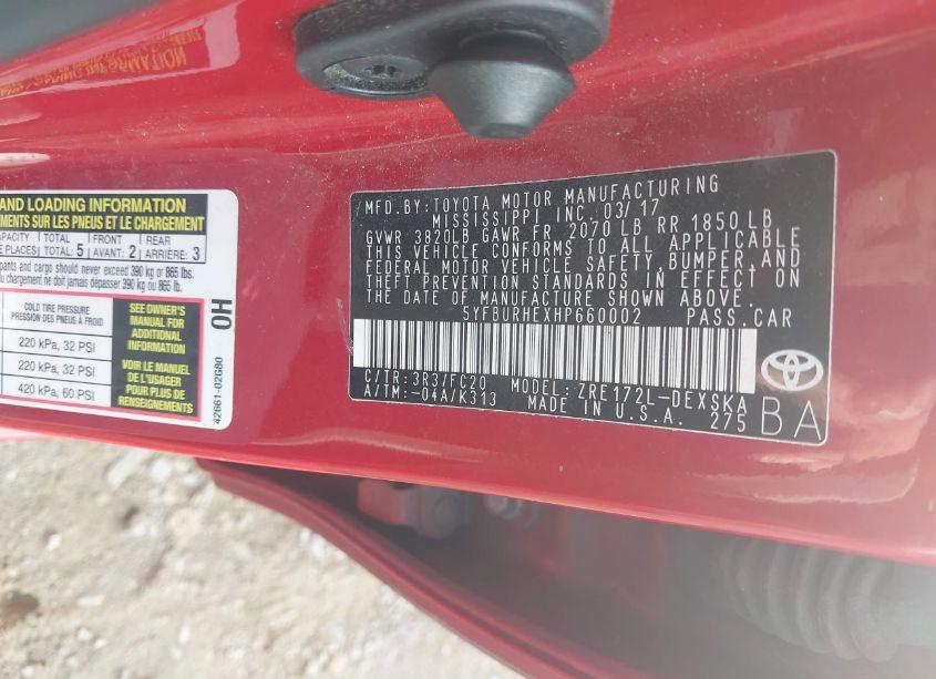 Photo 9 of 2017 Toyota Corolla SE (VIN 5YFBURHEXHP660002)