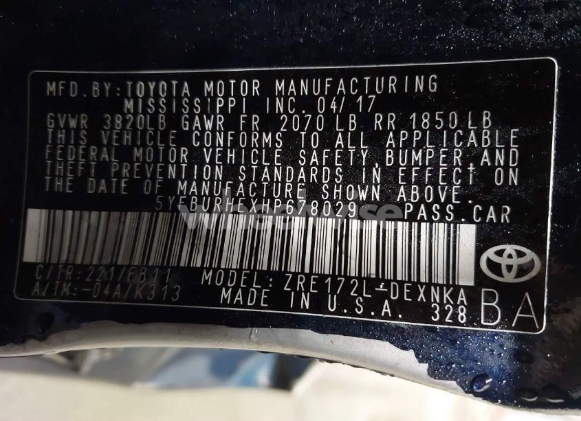 Photo 9 of 2017 Toyota Corolla LE (VIN 5YFBURHEXHP678029)