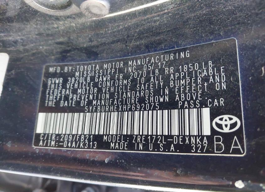 Photo 9 of 2017 Toyota Corolla LE (VIN 5YFBURHEXHP692075)