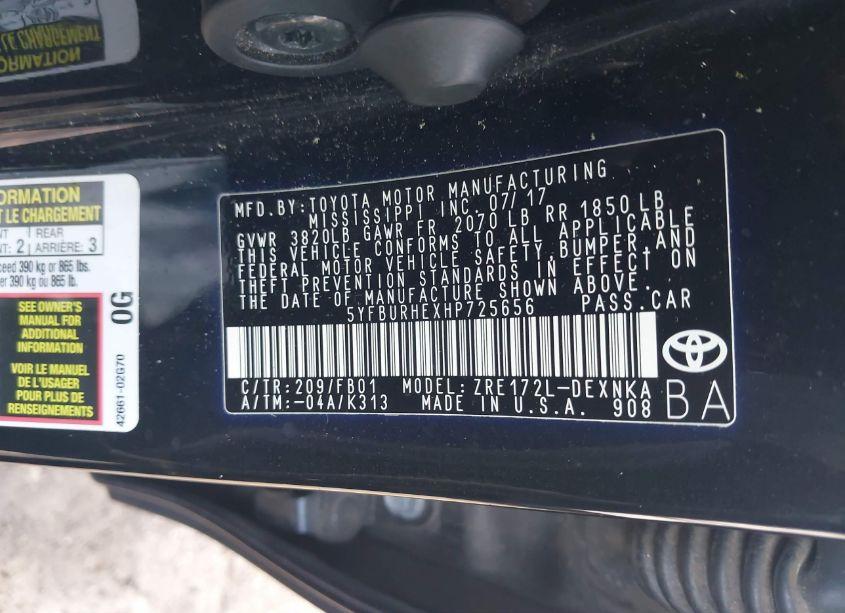 Photo 9 of 2017 Toyota Corolla LE (VIN 5YFBURHEXHP725656)