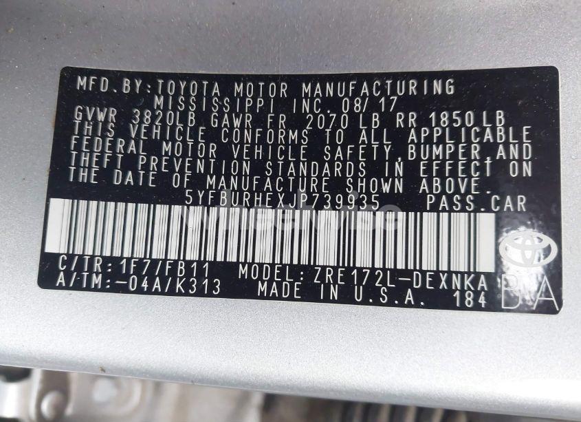 Photo 9 of 2018 Toyota Corolla LE (VIN 5YFBURHEXJP739935)