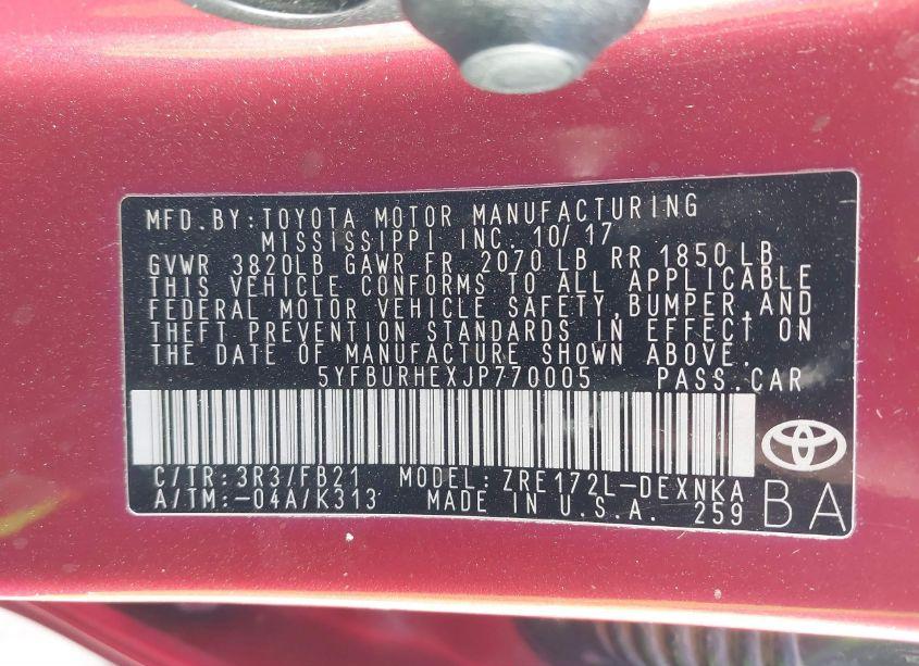 Photo 9 of 2018 Toyota Corolla LE (VIN 5YFBURHEXJP770005)