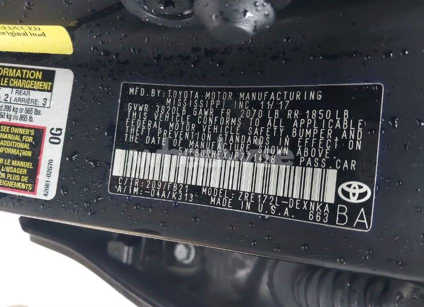 Photo 9 of 2018 Toyota Corolla LE (VIN 5YFBURHEXJP771428)