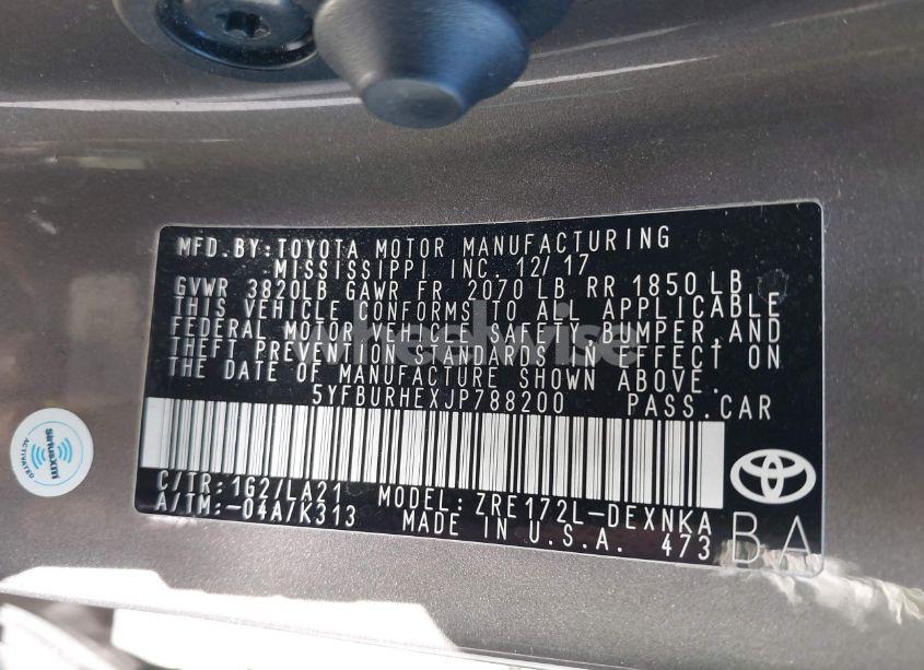 Photo 9 of 2018 Toyota Corolla XLE (VIN 5YFBURHEXJP788200)