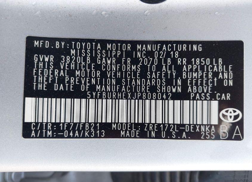 Photo 9 of 2018 Toyota Corolla LE (VIN 5YFBURHEXJP808042)