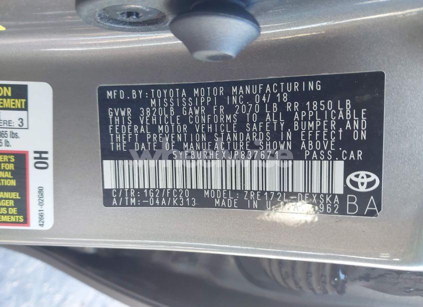 Photo 9 of 2018 Toyota Corolla SE (VIN 5YFBURHEXJP837671)