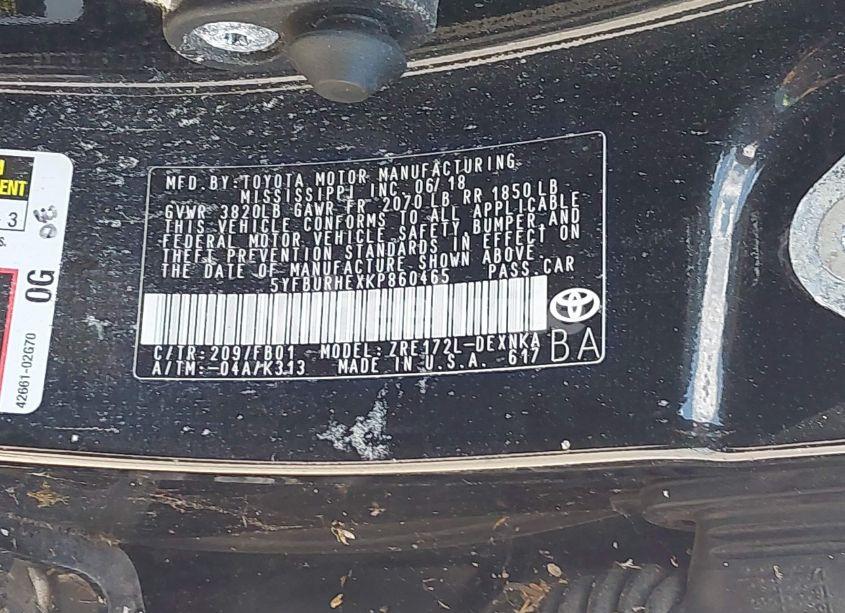 Photo 9 of 2019 Toyota Corolla LE (VIN 5YFBURHEXKP860465)