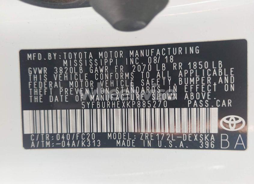 Photo 9 of 2019 Toyota Corolla SE (VIN 5YFBURHEXKP885270)