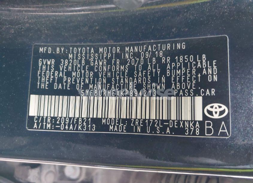 Photo 9 of 2019 Toyota Corolla LE (VIN 5YFBURHEXKP894213)