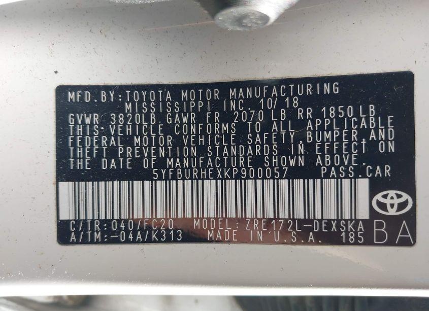 Photo 9 of 2019 Toyota Corolla SE (VIN 5YFBURHEXKP900057)