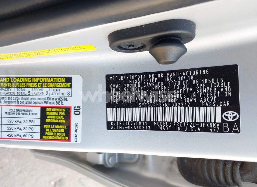 Photo 9 of 2019 Toyota Corolla LE (VIN 5YFBURHEXKP902312)