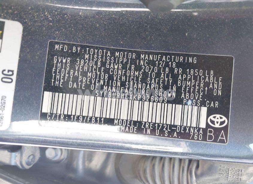 Photo 9 of 2019 Toyota Corolla LE (VIN 5YFBURHEXKP926609)