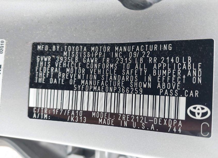 Photo 9 of 2022 Toyota Corolla L (VIN 5YFDPMAE0NP366259)