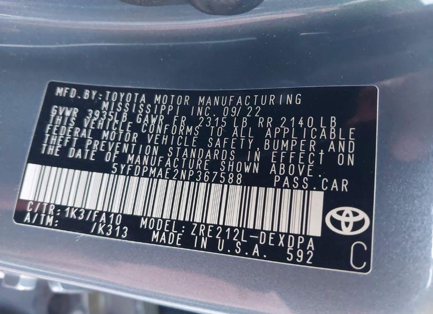 Photo 9 of 2022 Toyota Corolla L (VIN 5YFDPMAE2NP367588)