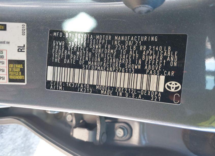 Photo 9 of 2022 Toyota Corolla L (VIN 5YFDPMAE4NP276113)