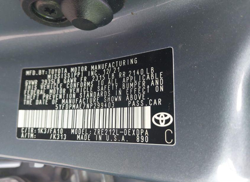 Photo 9 of 2022 Toyota Corolla L (VIN 5YFDPMAE7NP299403)