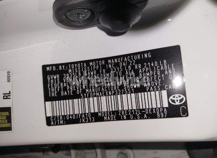 Photo 9 of 2022 Toyota Corolla L (VIN 5YFDPMAEXNP327551)