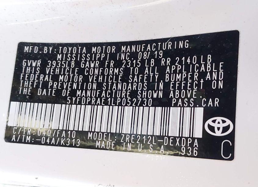 Photo 9 of 2020 Toyota Corolla L (VIN 5YFDPRAE1LP052730)