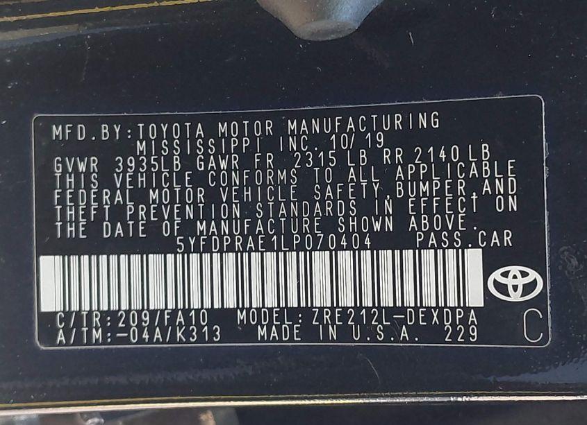 Photo 9 of 2020 Toyota Corolla L (VIN 5YFDPRAE1LP070404)