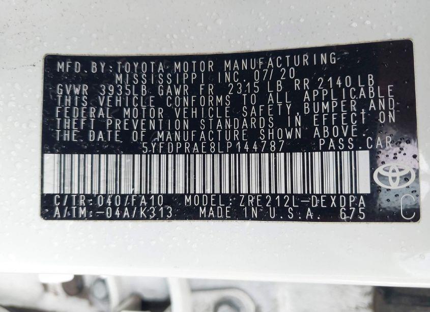 Photo 9 of 2020 Toyota Corolla L (VIN 5YFDPRAE8LP144787)