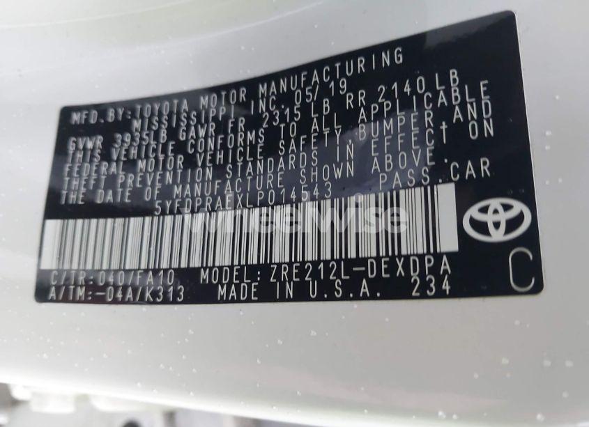 Photo 9 of 2020 Toyota Corolla L (VIN 5YFDPRAEXLP014543)