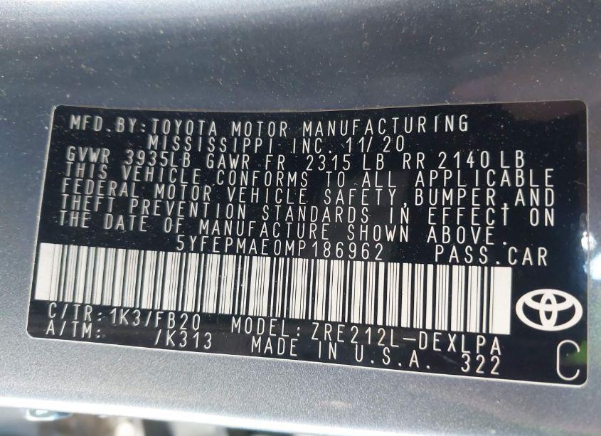 Photo 9 of 2021 Toyota Corolla LE (VIN 5YFEPMAE0MP186962)