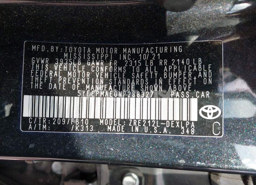 Photo 9 of 2022 Toyota Corolla LE (VIN 5YFEPMAE0NP288327)