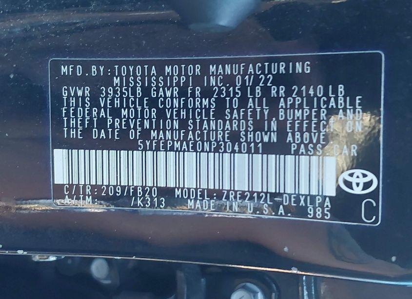 Photo 9 of 2022 Toyota Corolla LE (VIN 5YFEPMAE0NP304011)