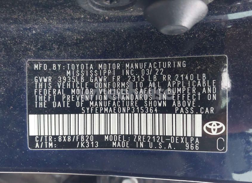 Photo 9 of 2022 Toyota Corolla LE (VIN 5YFEPMAE0NP315364)