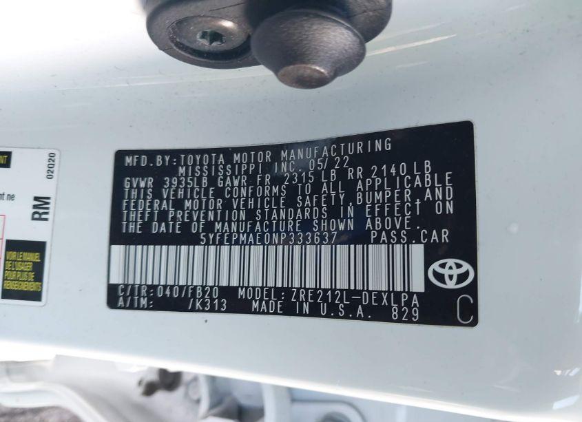 Photo 9 of 2022 Toyota Corolla LE (VIN 5YFEPMAE0NP333637)